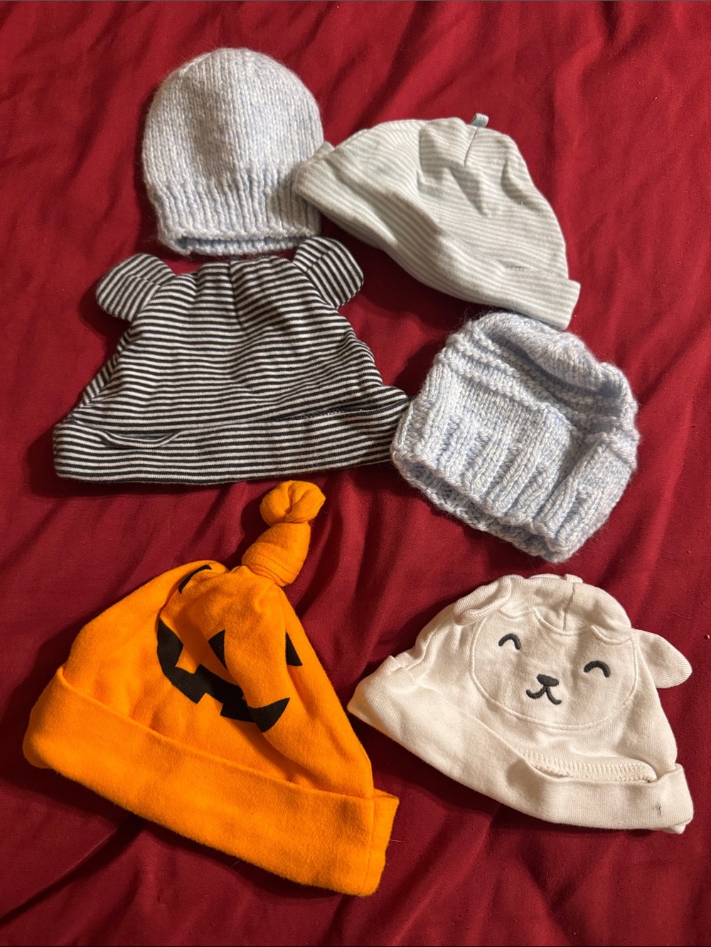 Baby Hat Bundle - Orange Pumpkin, Cream Lamb, Blue & Striped Knit Hats